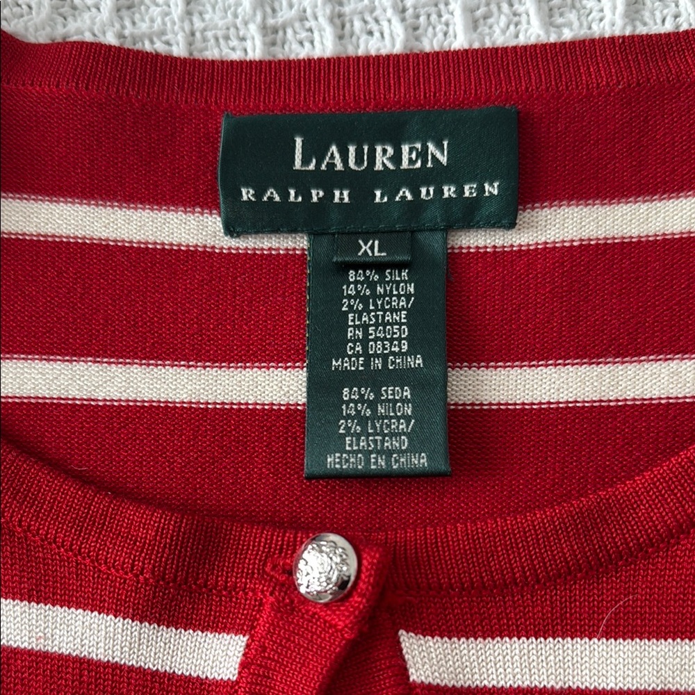 Lauren Ralph Lauren Red/White Striped Silk Cardigan - Size XL - Picture 2 of 3